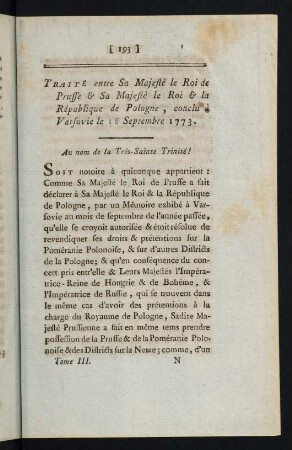 193-220, Traité entre Sa Majesté le Roi de Prusse & Sa Majesté le Roi & la Républiwue de Pologne, conclu à Varsovie le 18 Septembre 1773.