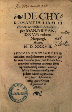 De Chyromantia libri tres authoris cuiusdam vetustissimi