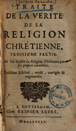 Traité de la Verité de la Religion Chrêtienne. 3. Partie