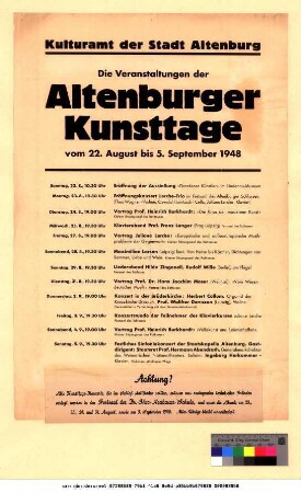 Originaltitel: Die Veranstaltungen der Altenburger Kunsttage vom 22. August bis 5. September 1948