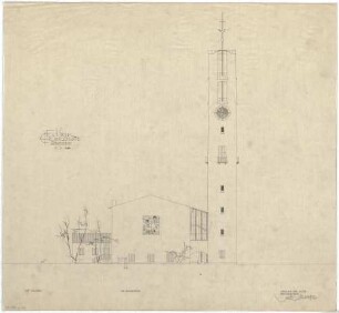 Gsaenger, Gustav; Erlangen - Süd (Bayern); Ev. Matthäus Kirche, Pfarrhaus und Gemeindesaal - Ausführung, Südseite (Ansicht)