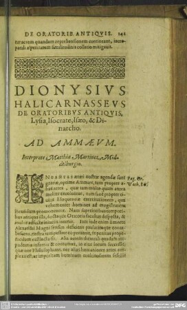 Dionysius Halicarnasseus De Oratoribus Antiquis, Lysia, Isocrate, Isaeo, & Dinarcho