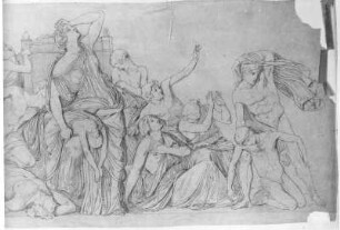 Niobe : Rietschel, Ernst. Niobe. Bleistift auf Transparentpapier; 25,8 x 56,4 cm. Um 1841. Ausschnitt: rechte Blatthälfte. Privatbesitz (Nachlass des Künstlers). WVZ 272