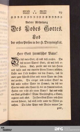 Andere Abtheilung Des Lobes Gottes. Lob der ersten Person in der H. Dreyeinigkeit.