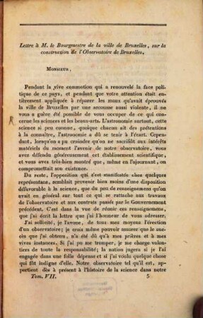 Lettre à M. le Bourgmestre de la ville de Bruxelles sur la construction de l'Observatoire de Bruxelles