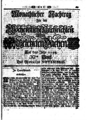 Monathlicher Nachtrag [...] XItes Stuck Des Monaths Novembris