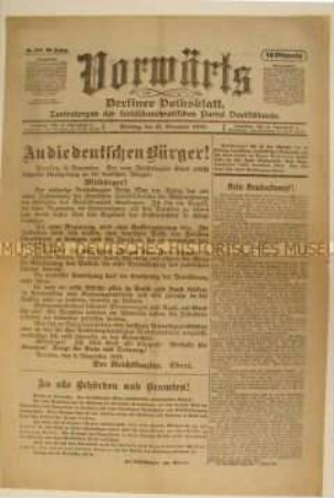 Zentralorgan der SPD "Vorwärts" mit zwei Aufrufen von Reichskanzler Ebert vom 9. November 1918
