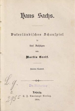 Hans Sachs : vaterländisches Schauspiel in fünf Aufzügen