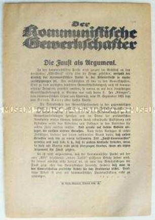 Propagandaflugblatt der SPD zur Auseinandersetzung mit einem Beitrag der kommunistischen Zeitung "Der kommunistische Gewerkschafter"