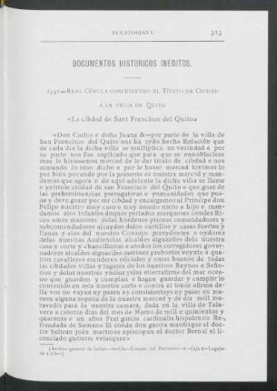 Documentos históricos inéditos : 1541 - real cédula concediendo el título de ciudad a la villa de Quito