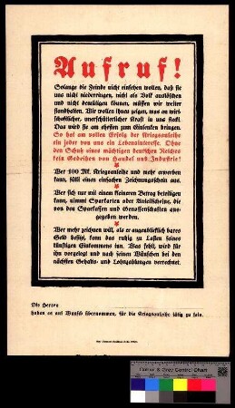 Aufruf zur Zeichnung der Kriegsanleihe