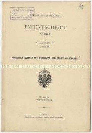 Patentschrift eines hölzernen Kummeten mit Scharnier und Splint-Verschluß, Patent-Nr. 2546