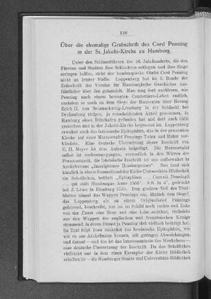 Über die ehemalige Grabschrift des Cord Penning in der St. Jakobi-Kirche zu Hamburg.