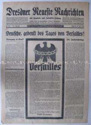 Titelblatt der "Dresdner Neueste Nachrichten" zur Genfer Abrüstungskonferenz mit einer Todesanzeige für den Versailler Vertrag