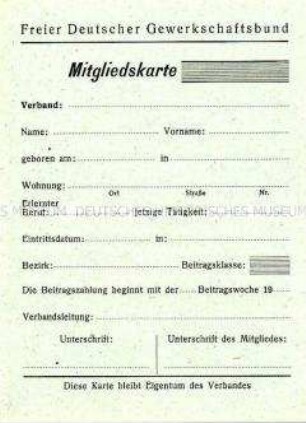 Vordruck einer Mitgliedskarte des FDGB (blanko)