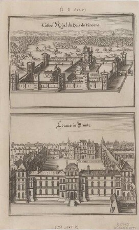 Ansicht des Louvre (Paris) und des Palastes von Vincennes - Île-de-Paris - Frankreich, Kupferstich, 1656 : Casteel Royal du Bois de Vincene; Louvre in Grundt / [Caspar Merian fc.]. - [Frankfurt] , [1656]. - 2 Ansichten auf 1 Kunstbl. : Kupferstich ; je 16 x 13 cm