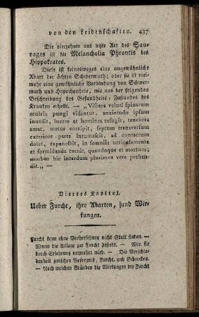 Viertes Kapitel. Ueber Furcht, ihre Abarten, und Wirkungen. - Fünftes Kapitel. Vom Zorn, und von den schädlichen Leidenschaften, und ihren Wirkungen.