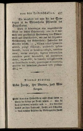 Viertes Kapitel. Ueber Furcht, ihre Abarten, und Wirkungen. - Fünftes Kapitel. Vom Zorn, und von den schädlichen Leidenschaften, und ihren Wirkungen.