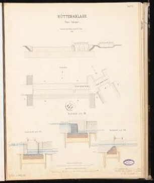 Hochofenanlage mit Verbindungsbahn Schinkelwettbewerb 1863: Stauwehr: Grundriss, Ansicht und Schnitte; 2 Maßstabsleisten