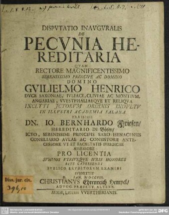 Disputatio Inauguralis De Pecunia Hereditaria