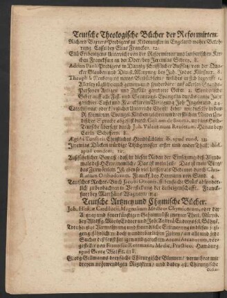 Teutsche Theologische Bücher der Reformirten.