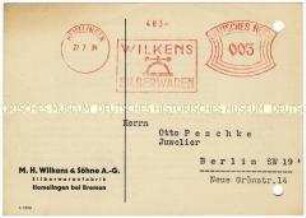 Mitteilung über Preisveränderungen für versilbertes Essbesteck der Firma Wilkens