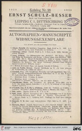 Nr. 28: Räumungs-Katalog: Autographen, Manuscripte, Widmungsexemplare