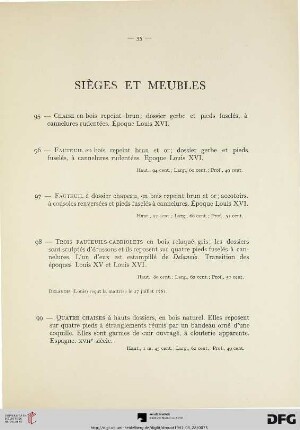 Sièges et meubles (Nr. 95-114) avec planche XX