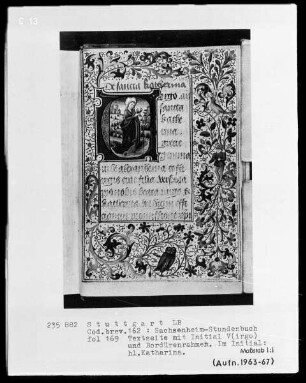 Lateinisches Stundenbuch (Sachsenheim-Gebetbuch) — Textseite mit historisierter Initiale und Drolerien, Folio 169recto