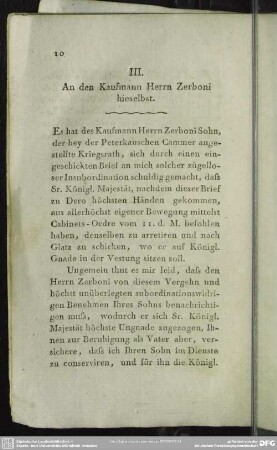III. An den Kaufmann Herrn Zerboni hieselbst