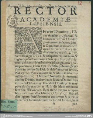 Rector Academiae Lipsiensis Afferte Domino, Cives Academici, gloriam & honorem: afferte Domino ... : [Programma academiae Lipsiensis ad diem festum gratulationis publicae in Saxonia anno 1632]