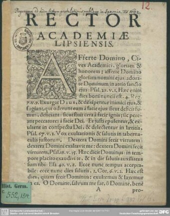 Rector Academiae Lipsiensis Afferte Domino, Cives Academici, gloriam & honorem: afferte Domino ... : [Programma academiae Lipsiensis ad diem festum gratulationis publicae in Saxonia anno 1632]