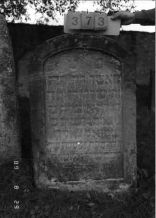 Grabstein 373 (Index: 100107840) Material: gelber Sandstein Zustand: stark verwittert und abgeblättert, weitgehender Textverlust Maße HxBxT: 112x72x19 cm Beschreibung: Stele mit Korbbogenabschluß, Schriftfeld eingetieft: Grabstein 373