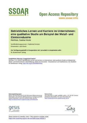 Betriebliches Lernen und Karriere im Unternehmen: eine qualitative Studie am Beispiel der Metall- und Elektroindustrie