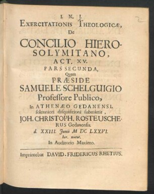 Exercitationis Theologicae, De Concilio Hierosolymitano, Act. XV. Pars Secunda