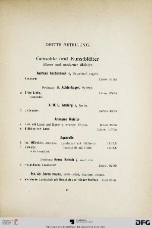 Dritte Abteilung: Gemälde und Kunstblätter älterer und moderner Meister (Nr. 1-255)