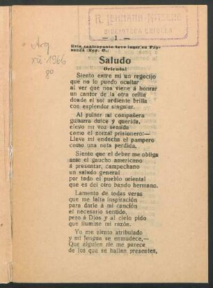 Saludo : Este contrapunto tuvo lugar en Paysandú (Rep. O.)