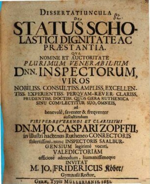 Dissertatiuncula de status scholastici dignitate ac praestantia