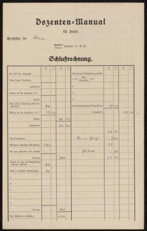 Dozenten-Manual für Herrn Professor Dr. Klein Winter-Semester 1918.9. Schlußrechnung.