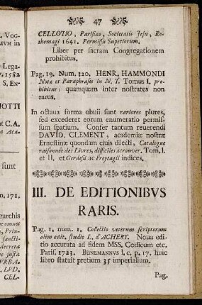 III. De editionibus raris.