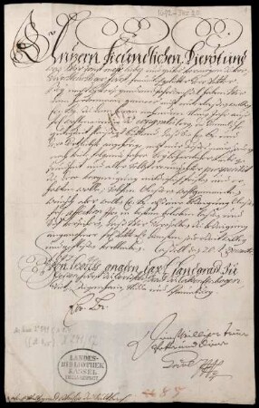 Brief von Karl, Hessen-Kassel, Landgraf an Philipp Wilhelm August von Pfalz-Neuburg