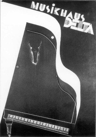 Plakatentwurf "Musikhaus Delta". Feder, Pinsel, Tusche, Deckfarbe, Deckweiß; 59,4 x 42,2 cm (1931; H. Rose)