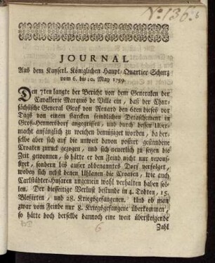 Journal Aus dem Kayserl. Königlichen Haupt-Quartier Schurz vom 6. bis 10. May 1759