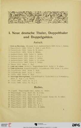 I. Neue deutsche Thaler, Doppelthaler und Doppelgulden (Nr. 1-900)