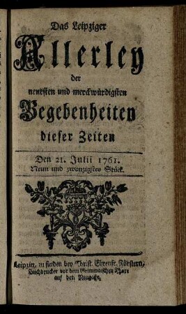 Den 21. Julii 1761. Neun und zwanzigstes Stück.
