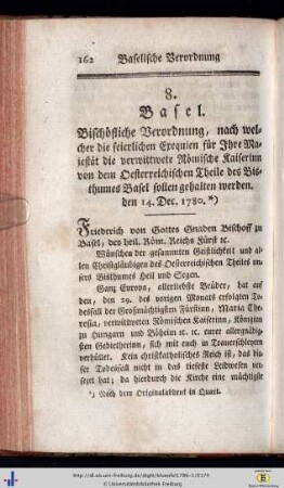 8. Bischöflich-Baselische Verordnung von den feierlichen Exequien für die verwittibte Römische Kaiserinn, den 14. Dec. 180.