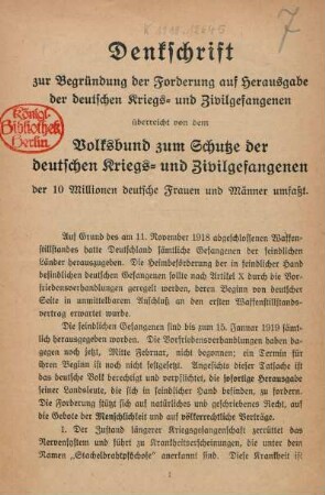 Denkschrift zur Begründung der Forderung auf Herausgabe der deutschen Kriegs- und Zivilgefangenen
