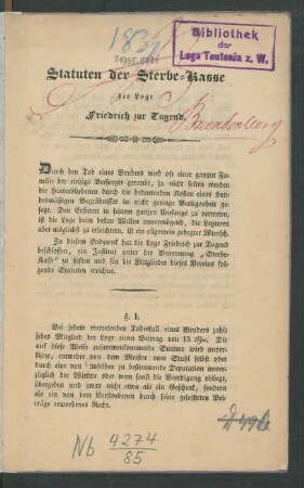 Statuten der Sterbe-Kasse der Loge Friedrich zur Tugend : [Brandenburg, den 19. April 1839]