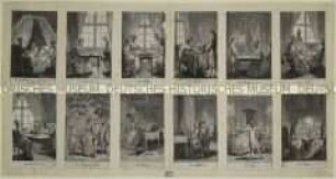 Zwölf Blätter "Beschäftigungen der Damen" - Illustrationsfolge zu einem deutschsprachigen genealogischen Almanach von 1781(?)