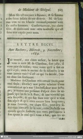Lettre DXCVI. Aux Rochers, Mécredi, 9. Novembre, 1689